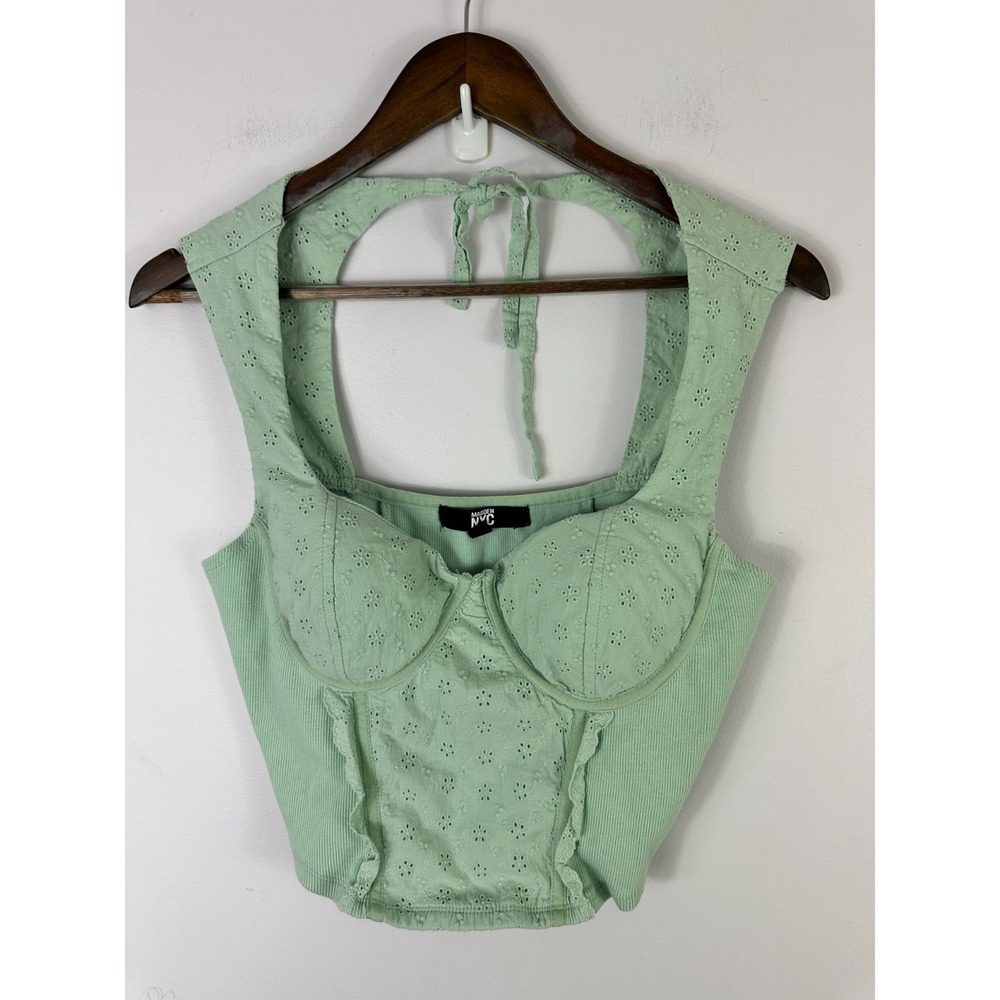 Madden NYC Babydoll Corset Top Large‎ Cropped Green Embroidered Coquette Fairy